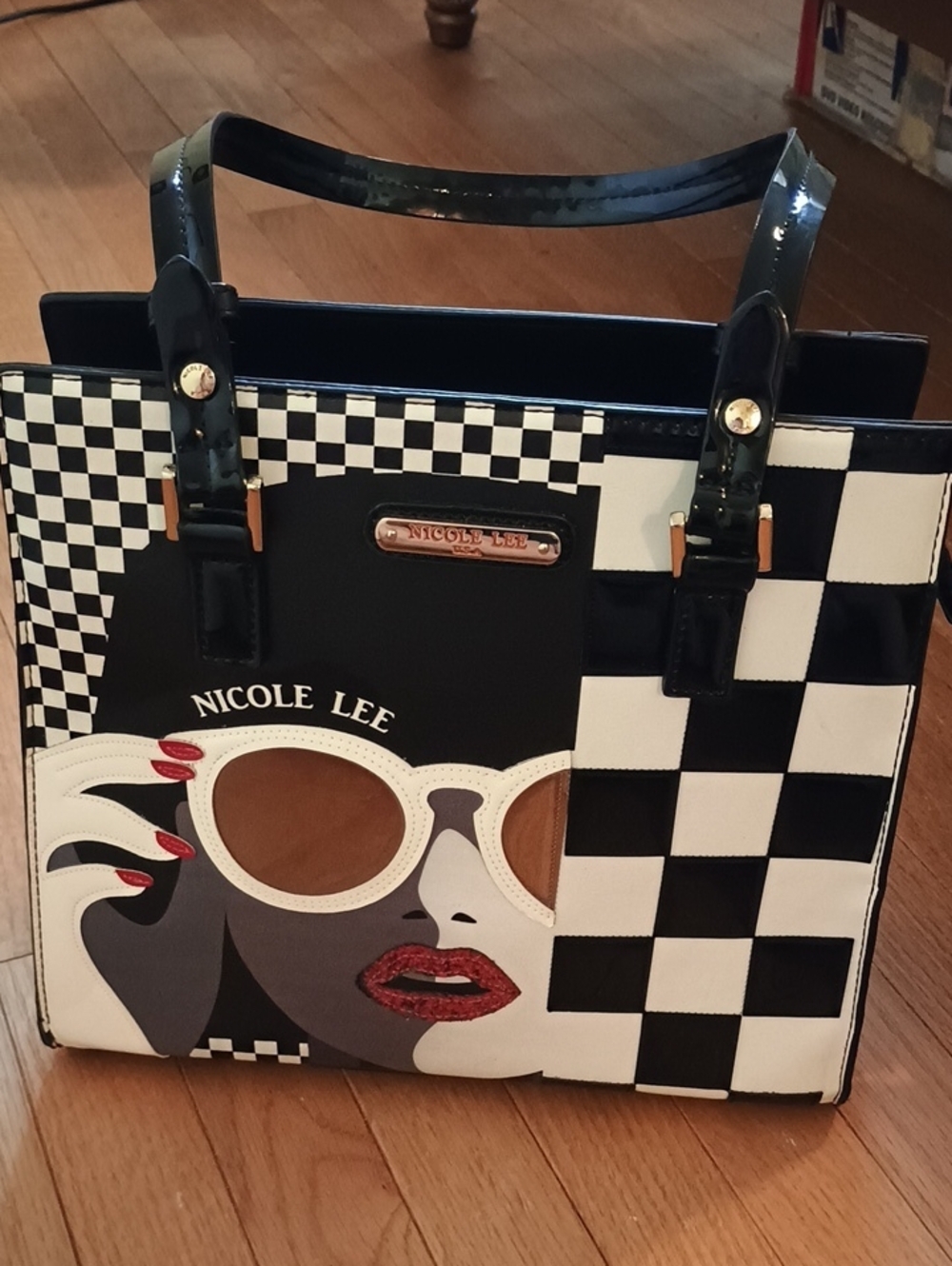 Nicole Lee Black, White & Red Graphic Checker Tote